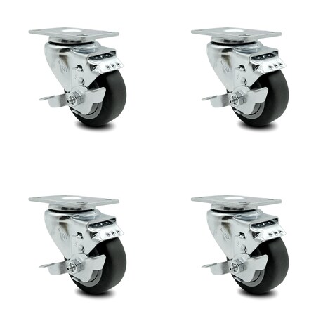 Service Caster 3.5 Inch Thermoplastic Rubber Wheel Swivel Top Plate Caster Set with Brake SCC SCC-20S3514-TPRB-TLB-4